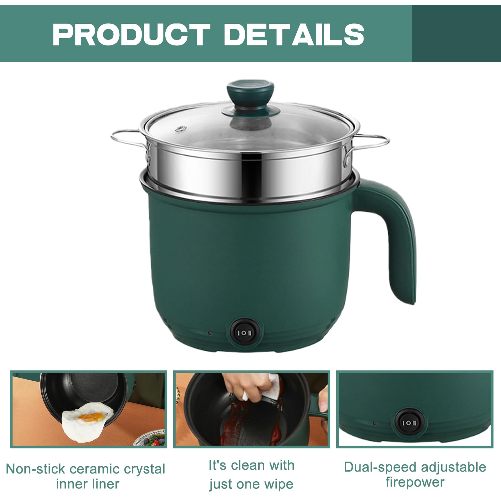 Hot Pot elettrico da 1,5 L, mini multicooker antiaderente portatile con vaporiera, fornello rapido per ramen e padella elettrica con controllo Dual Power, fornello da viaggio per casa, ufficio
