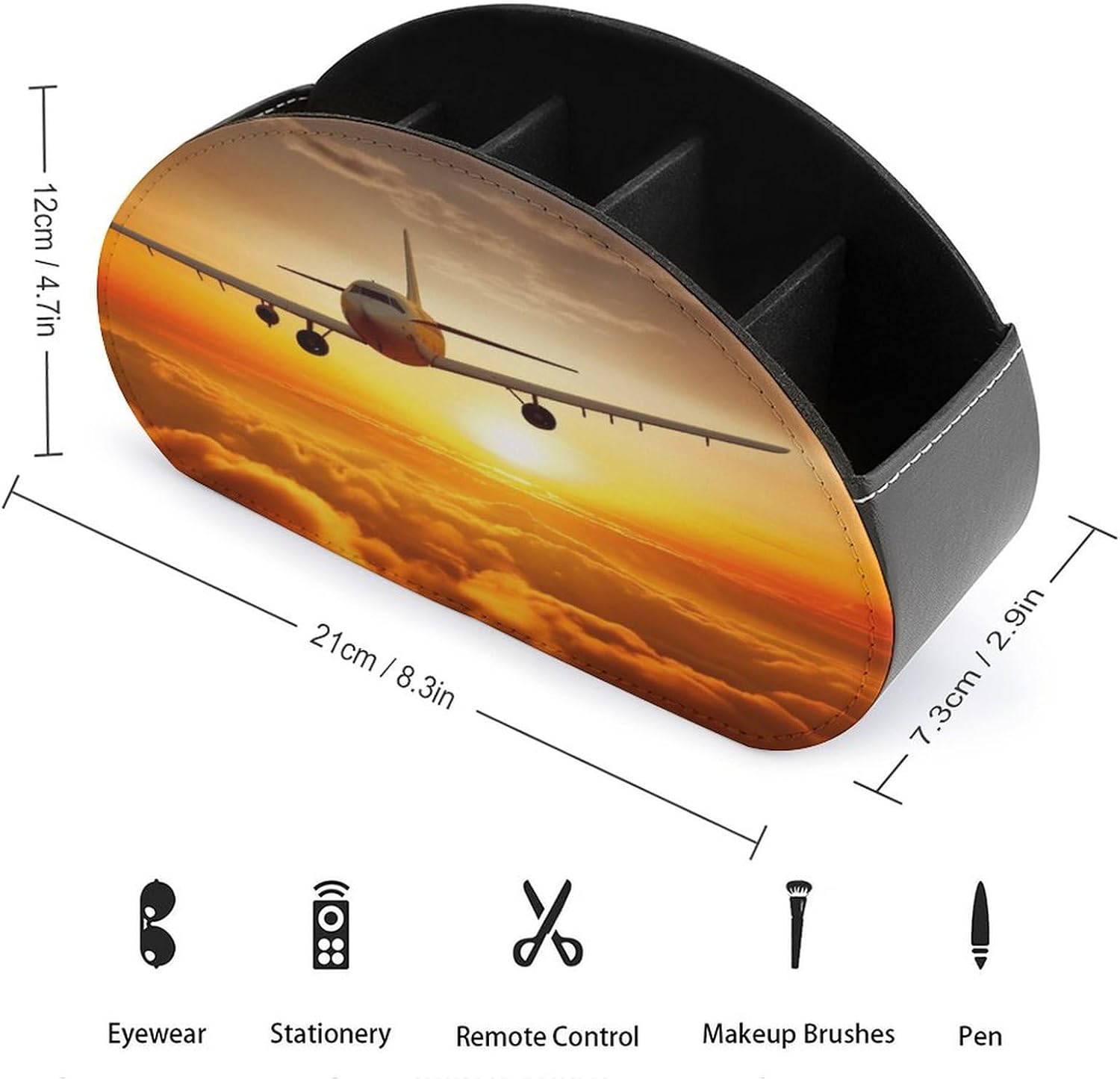 Leather Remote Control Holder Storage Container, WithAircraft Plane at Sunset Printed Living Room Media Storage Organizer, with 5 Compartments for TV Remote Phone Caddy Eyeglasses image 2