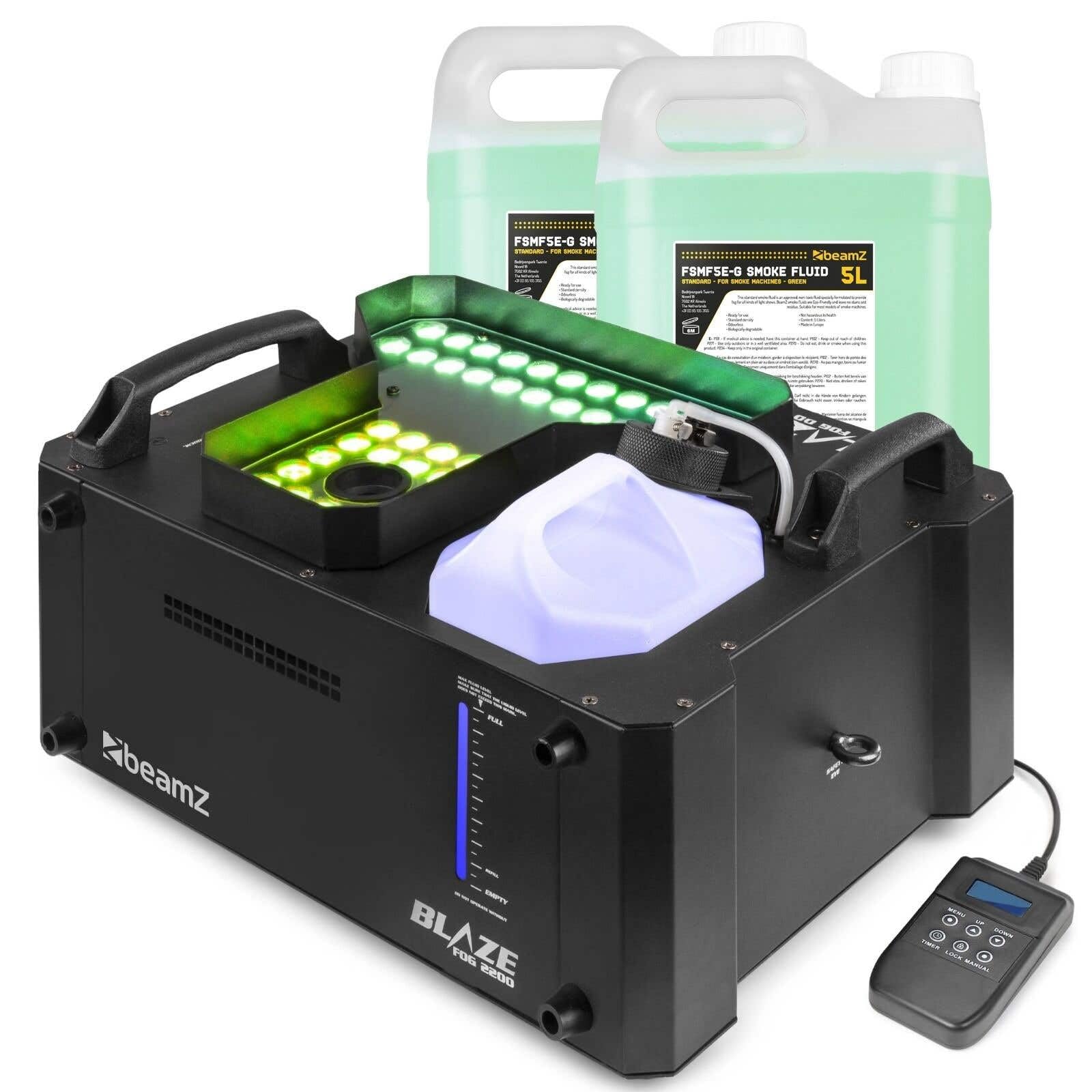 BeamZ Blaze2200 - Nebelmaschine mit Lichteffekt 2200 Watt, inkl. 10L Nebelfluid vertikal und horizontal Rauchmaschine mit 24x4W LED Spots, für professionelle Shows, Halloween, Hochzeiten, DJs, Partys