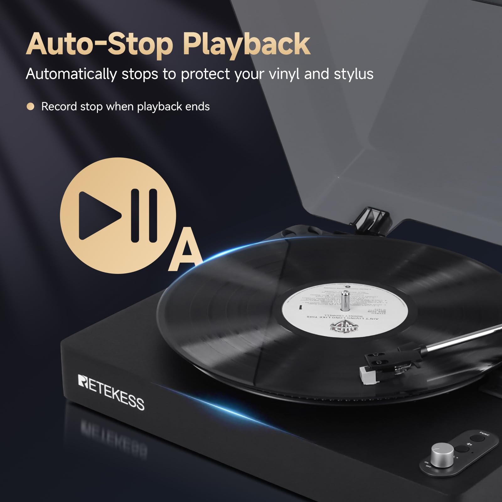 Retekess TR643 Giradischi Vinili, Lettore Vinile, Testina Magnetica AT-3600L, 33/45/78 giri/min, Riproduzione Wireless, Arresto Automatico, Jack per cuffie, Adatto per gli Amanti della Musica