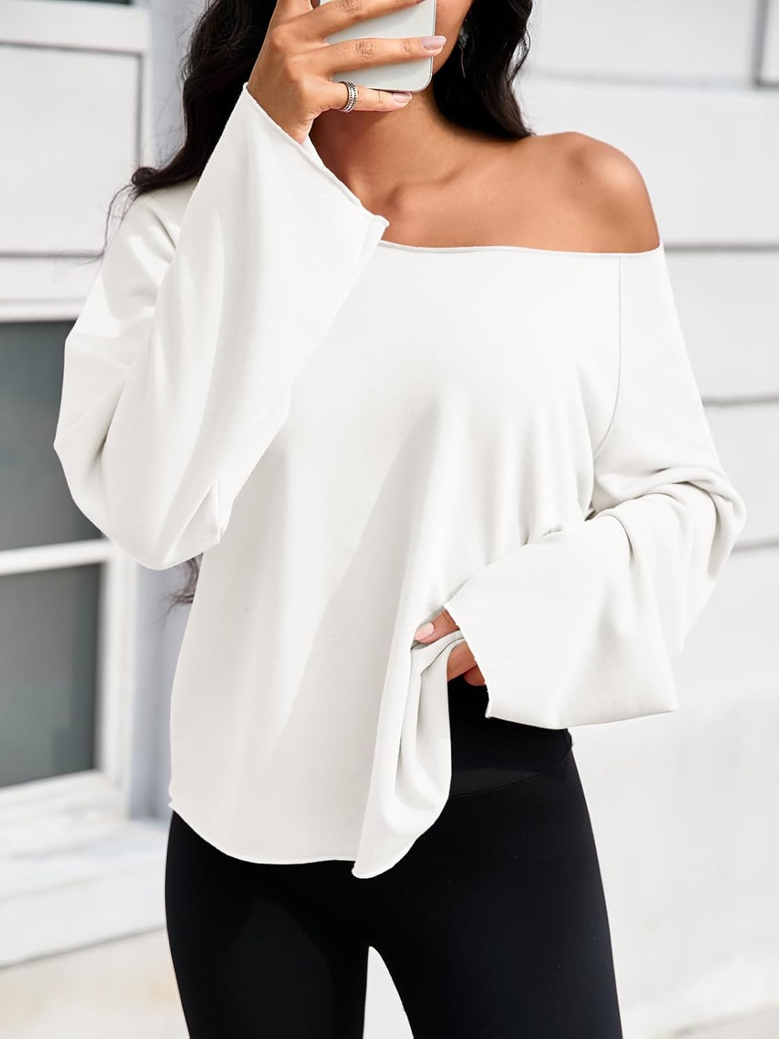 Fisoew Womens Off The Shoulder Tops Sweatshirts Lightweight Oversized Pullovers Long Sleeve Y2k Loose Fit Tunic Tops White - Image 3