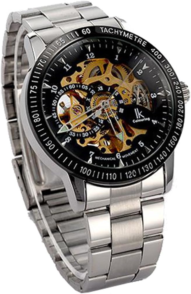 Black face Silver Band IK Automatic wristwatches Self-Wind Mechanical Hollow Wrist Watch by Sally Thomas@