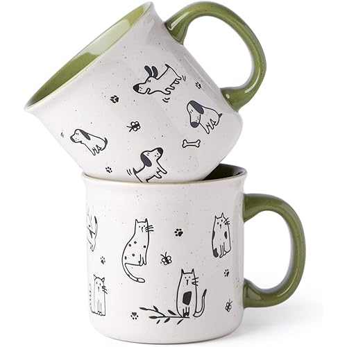 AmorArc 22 OZ Large Ceramic Coffee Mugs Set of 2, Oversized Mugs With Big Handle for Men Women Dad Mom, Big Mug With Textured Dogs Cats Patterns for Office & Home -Microwave Safe, 2 Pcs-Green