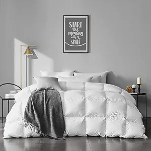 APSMILE Heavyweight Feather Down Comforter Oversized King Size - 100% Organic Cotton Quilted Thicker Winter Warmest Duvet Insert for Colder Weather/Sleepers (120x98, Ivory White)