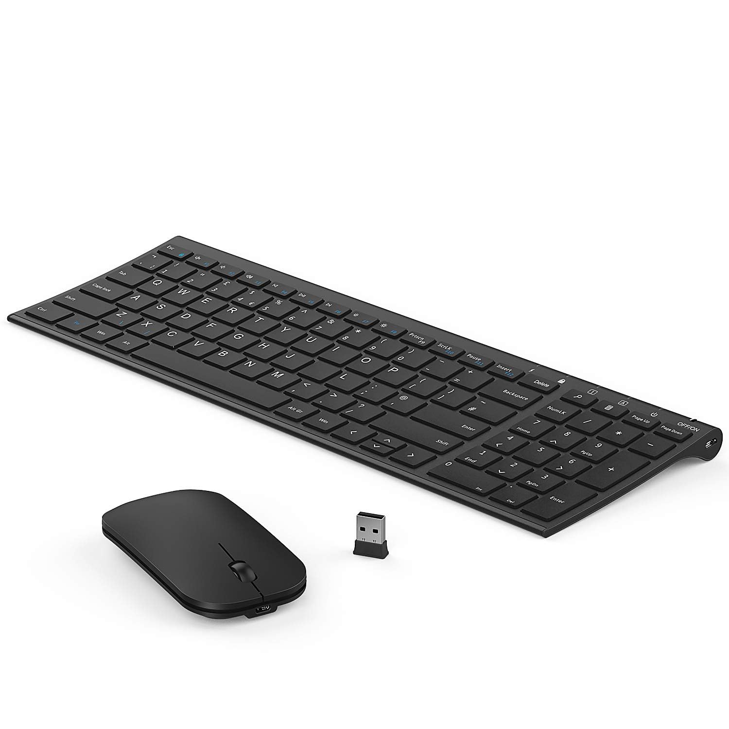 seenda WGJP-031B Wireless Keyboard Mouse Set, Ultra Thin Compact Rechargeable Aluminum Silent Computer Keyboard & Mouse Combo UK QWERTY Layout for Office, Home, Business, Black