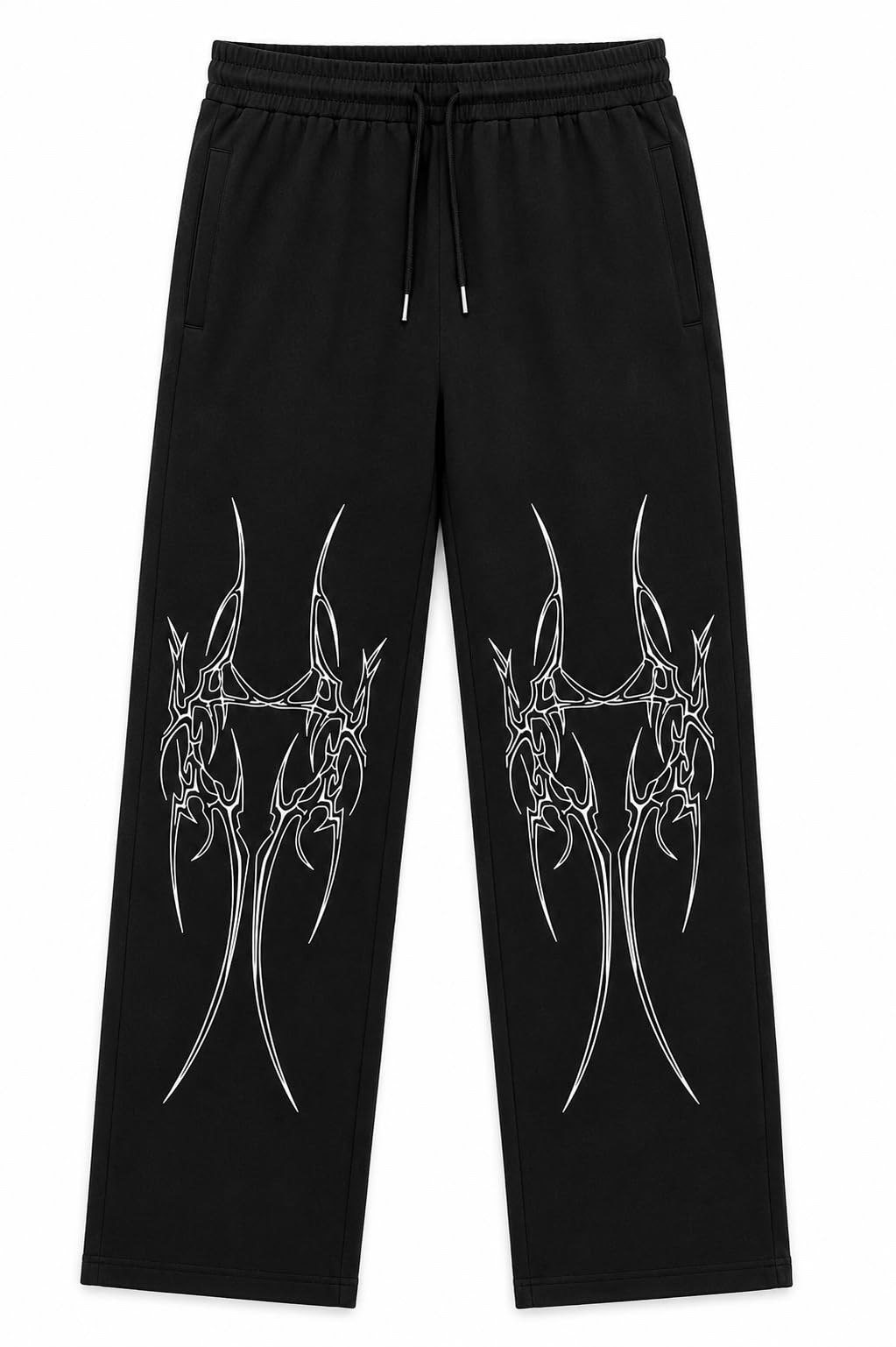 Men's Black Terry Jogger Sweatpants, Slim Fit Streetwear, Zipper Pockets, Drawstring Waist, Tribal Graphic Print-picture-51
