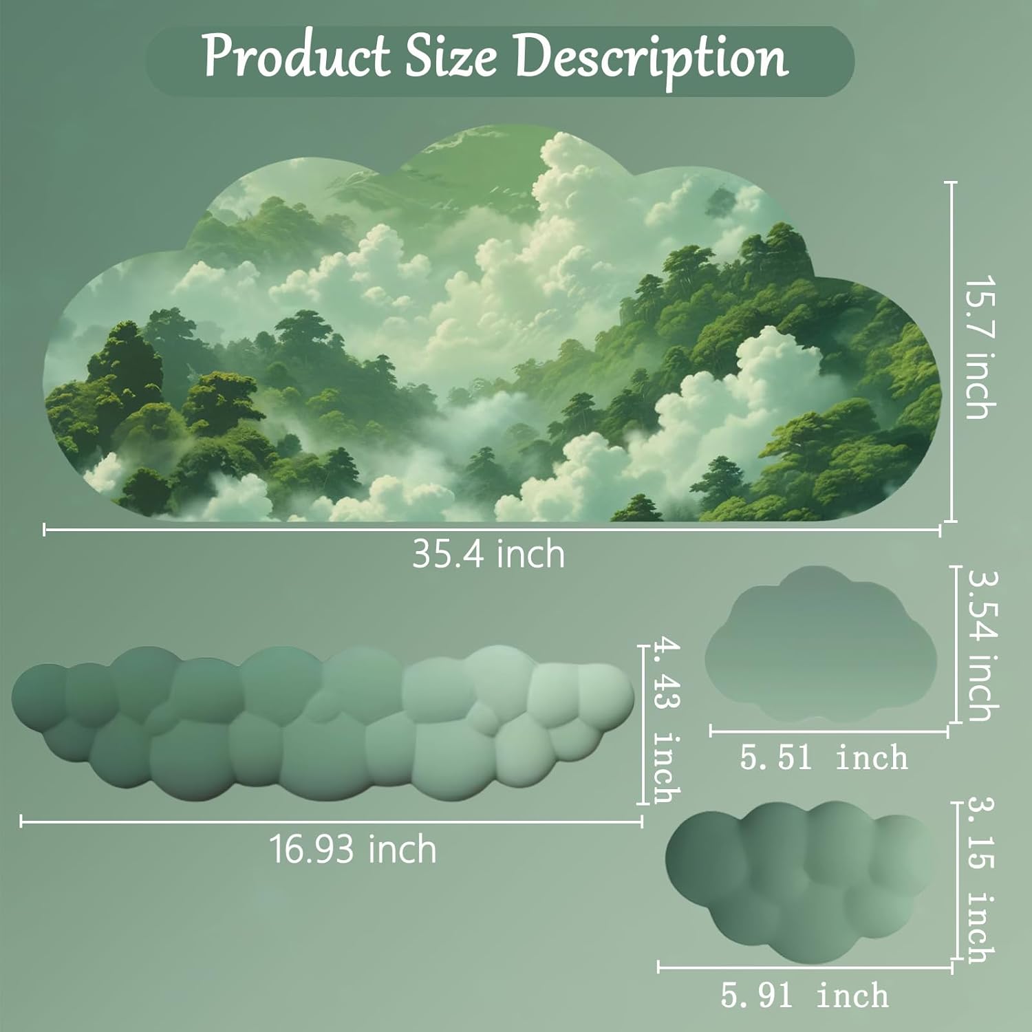 Cloud Mouse Pad Keyboard Wrist Rest for Mouse 4PCS Extended Large Desk Mat Pad Set Memory Foam Non-Slip Cute Ergonomic Gaming Mouse Wrist Support for Computer Home Office Mountain Forest Green
