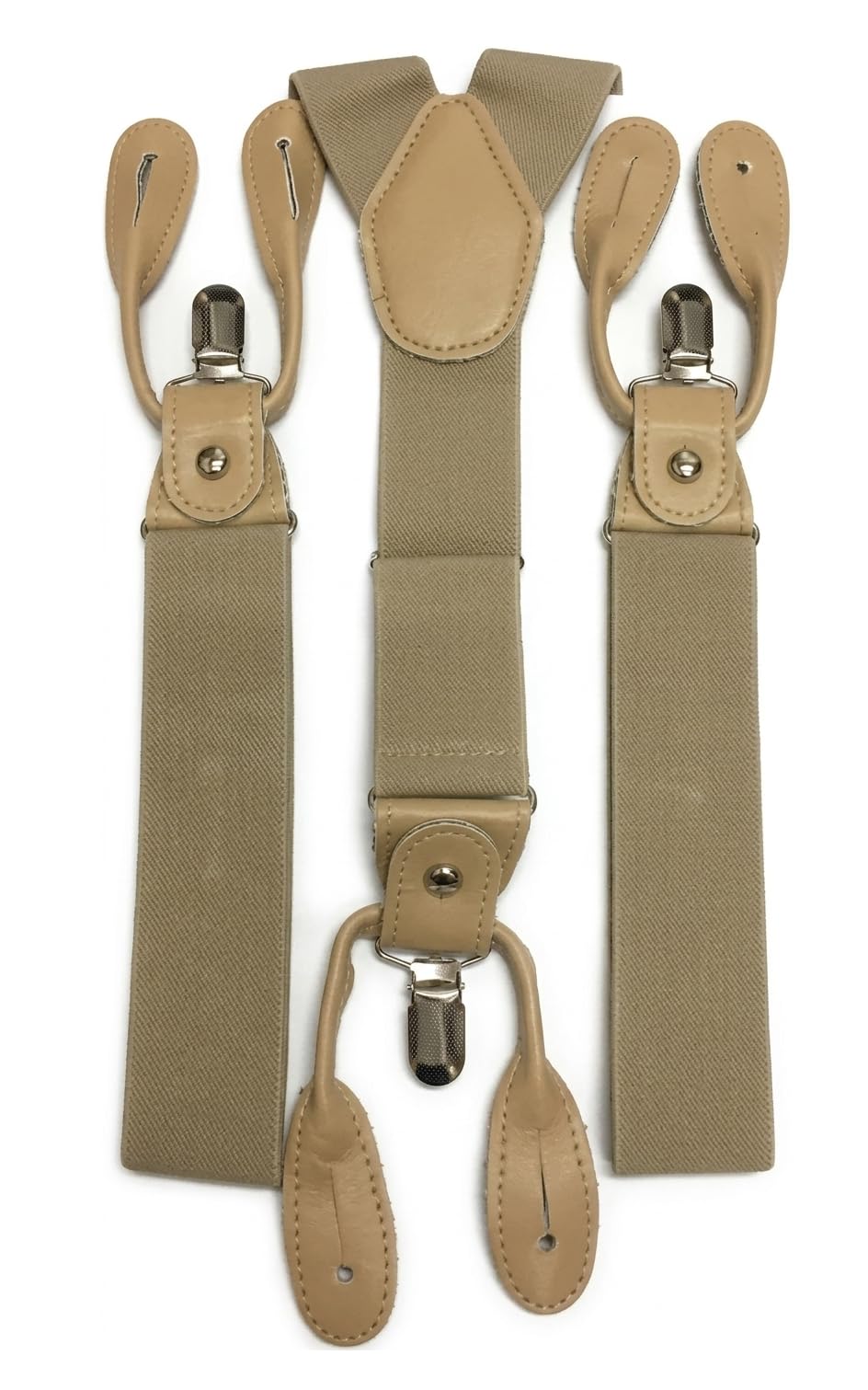 L&L® Mens Suspenders Braces with Clip & Syntheti Leather Button ON Strong 3.5 cm Wide (Beige)