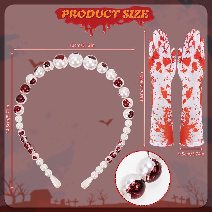 HOWAF Halloween Dripping Blood Necklace, Choker, Pearls Earrings, Headband, Bloody Gloves - Image 2