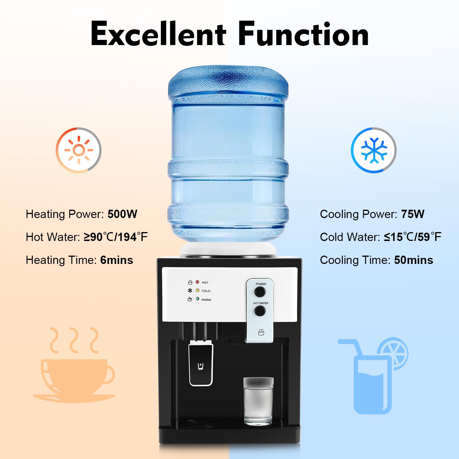 Fontaine à Eau Chaude et Froide Électrique, Distributeur d'eau Bureau Maison, Chauffage Rapide Eau Chaude ≥90°C Eau Froide ≤15°C, Compatible Bidons 4,5L-18,9L, Pose Libre ou de Table, 27x24x36cm