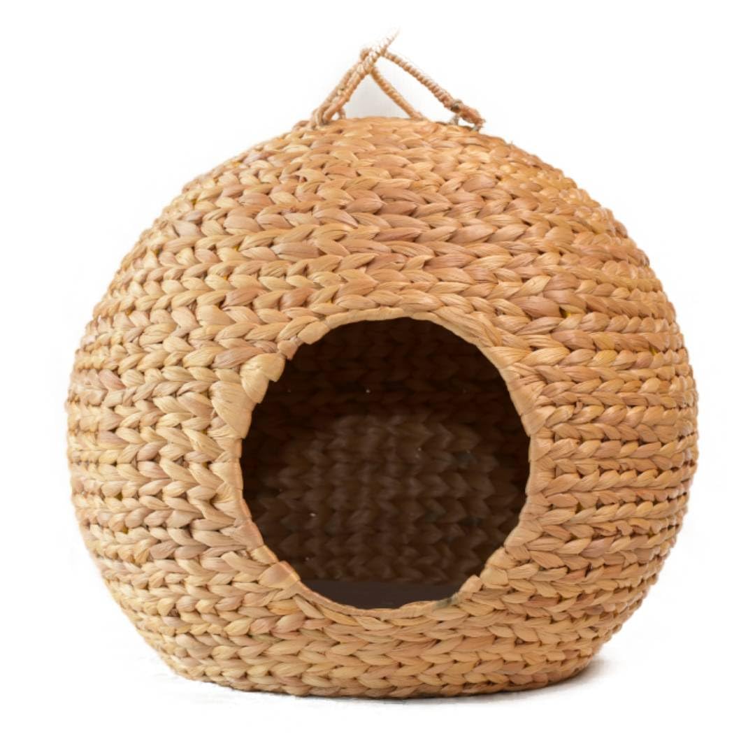 Equeen Handicraft Natural Woven Water Hyacinth Cat House, Indoor Pet Bed Cave, Handmade Dome-Shaped Pet Hideaway for Cats (45x45x40cm)