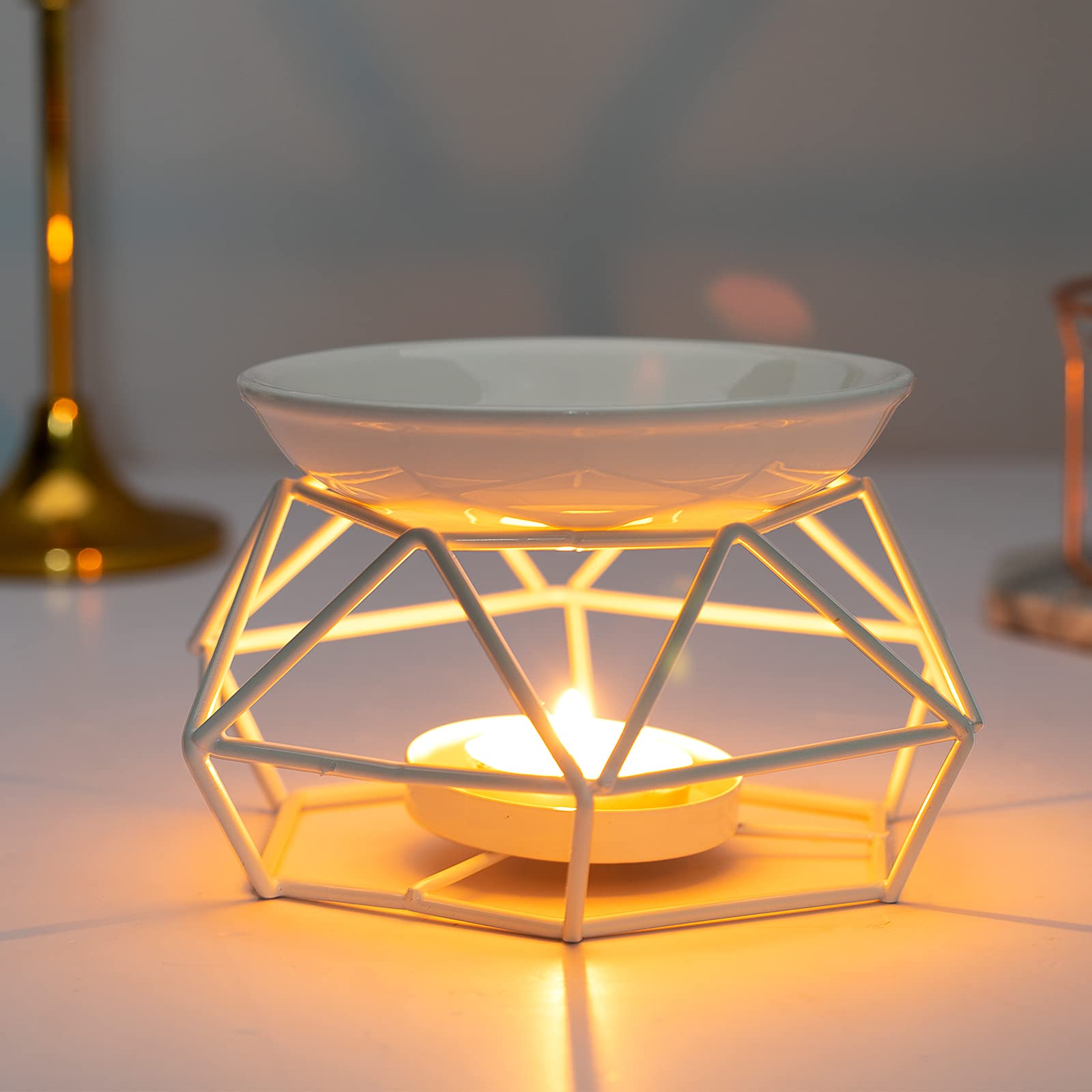 Lampe à Bougie parfumée en métal avec Support pour Bougie Chauffe-Plat(Blanc)
