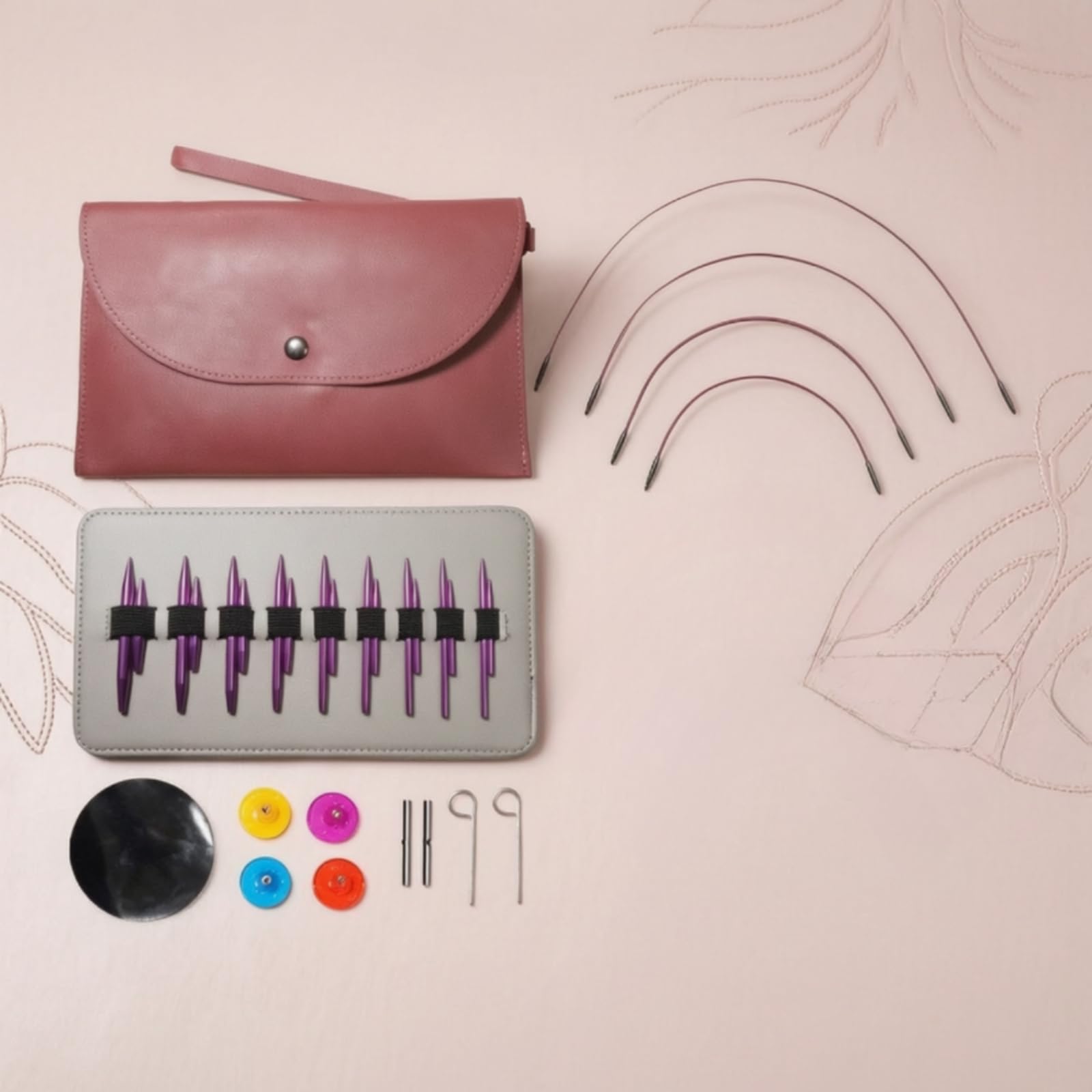 Anillo de Tejido Industrial Set de Agujas Circulares Kit de Te Herramientas Accesorios Estuche de Pu Incluye Cables Topes Conectores Adecuado para Manualidades Viajes Clases