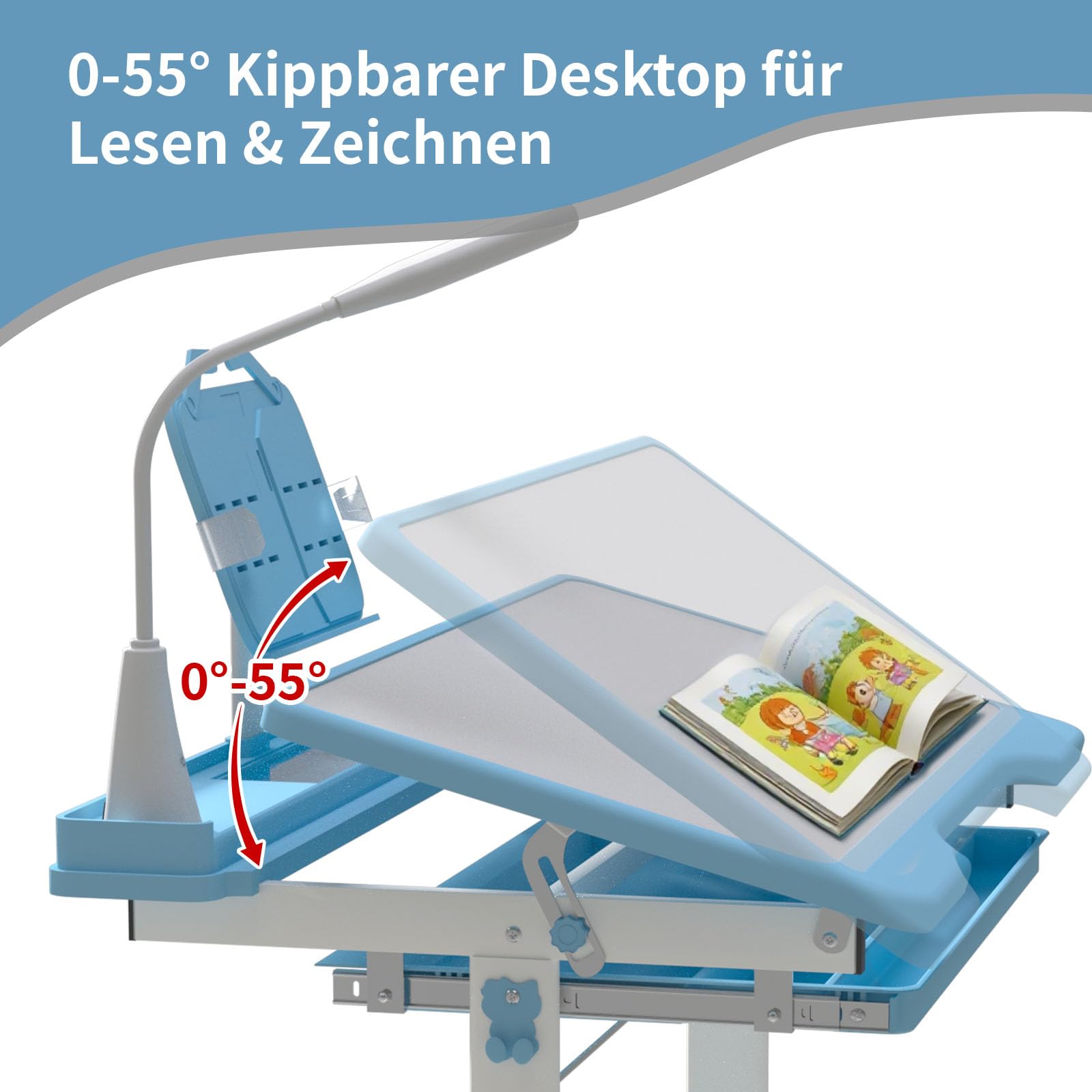 YLGJ&TIDY Schreibtisch Kinder, Kinderschreibtisch und Stuhl Set, Höhenverstellbar Kinderschreibtisch für Kinder 3-12 Jahre, Mehrfunktional Kinderschreibtisch mit, Aufbewahrung, Malen & Lesen (Blau)