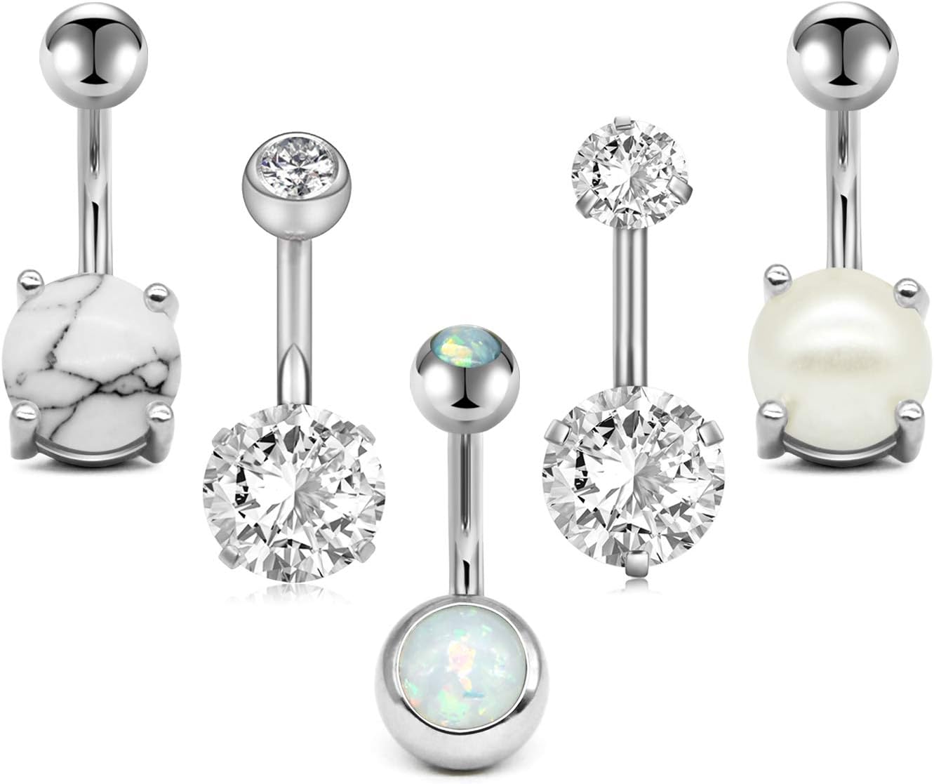 Zolure 14G Belly Button Rings Navel Rings 316L Stainless Steel Body Piercing 5PCS Silver