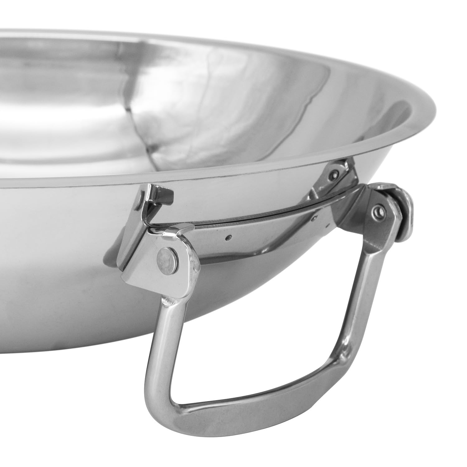 Wok Pfanne Edelstahl Ø 30 cm mit abklappbaren Griffen, runder Boden, spülmaschinengeeignet, für Gasgrill, Gasherd, Induktion