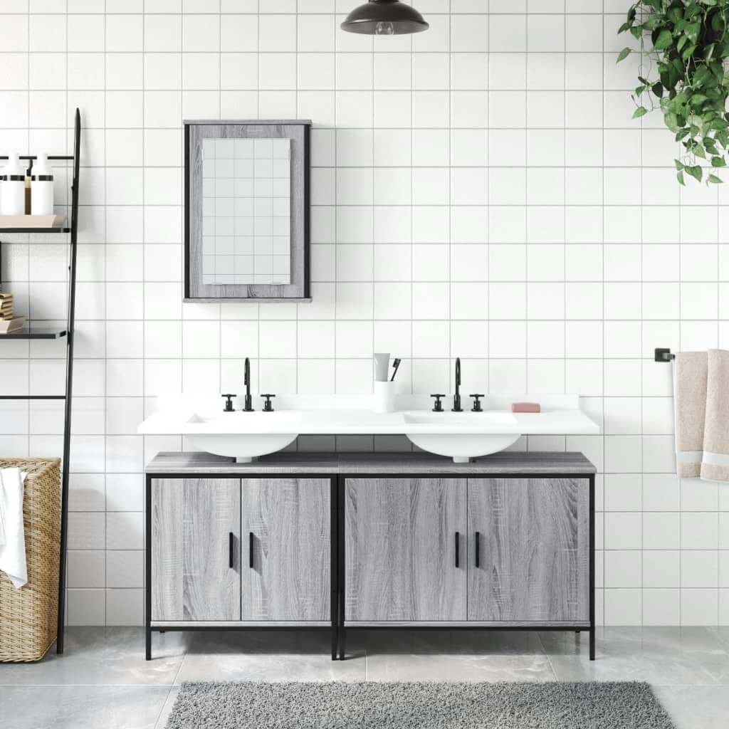 SYDE Set Muebles de Baño 3 Pzas Madera Gris Sonoma | Con Espejo, Montaje en Pared, Resistente a Humedad, Amplio Almacenaje