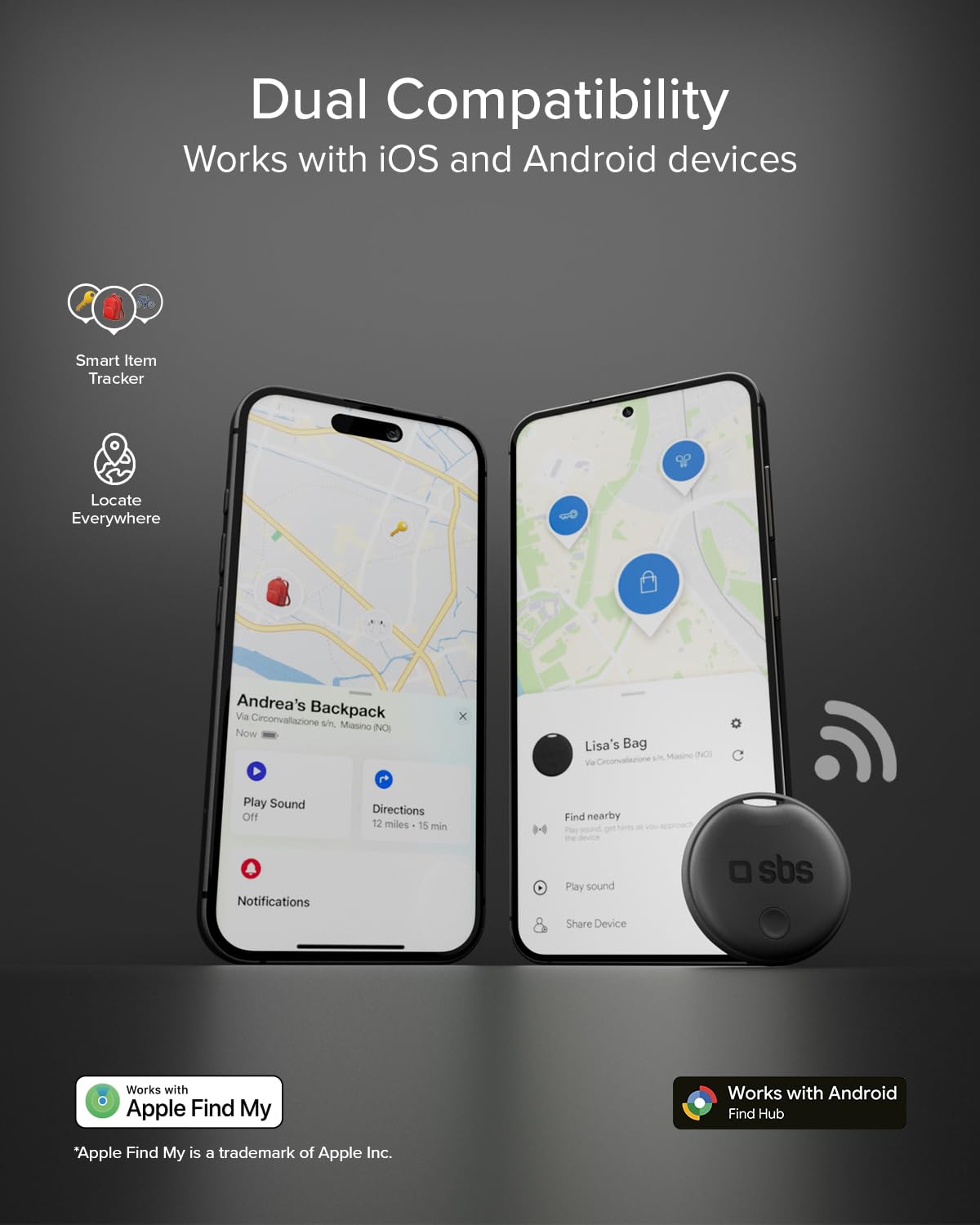 SBS Track My Dual Kit, 4 Localizzatori Smart Tag, Finder Trova Oggetti (Confezione da 2)