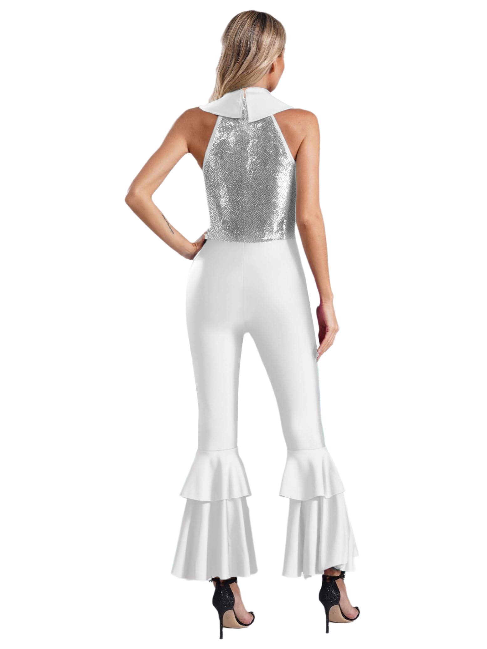 Hedmy Mono Lentejuelas de Baile para Mujer sin Manga de Enterizo Acampanado con Cremallera y Solapa Disfraz de Diva Disco Style para Fiesta Actuación S-4XL
