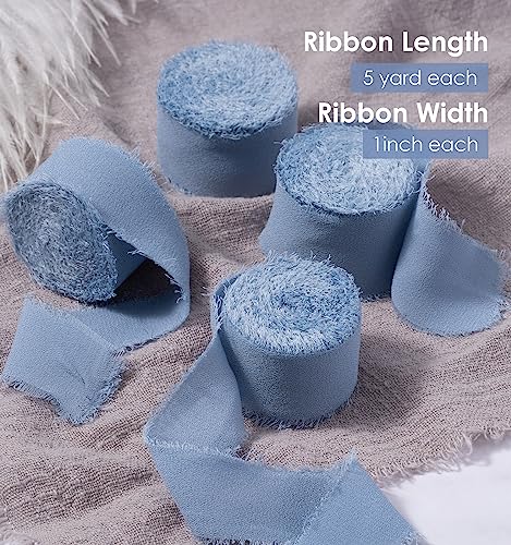 FAKILO Chiffon Ribbon With Handmade Fringe, Dusty Blue 4 Rolls 1'' X 5 Yd, 20 Yd Silk for Wedding Invitations Bridal Bouquets - Image 2