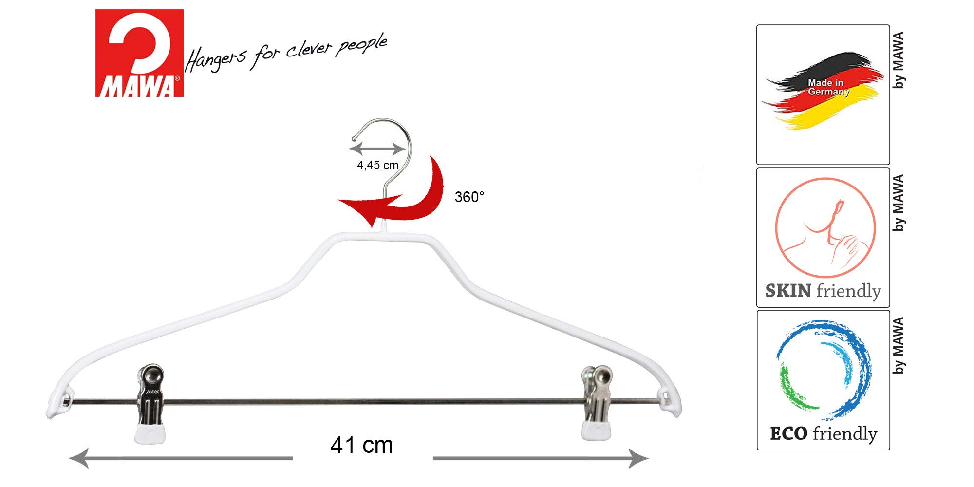 MAWA Silhouette FK - Perchas de clip para ropa, camisas, faldas y pantalones, 10 unidades, gancho giratorio 360°, revestimiento antideslizante no contaminante, 41 cm, color blanco