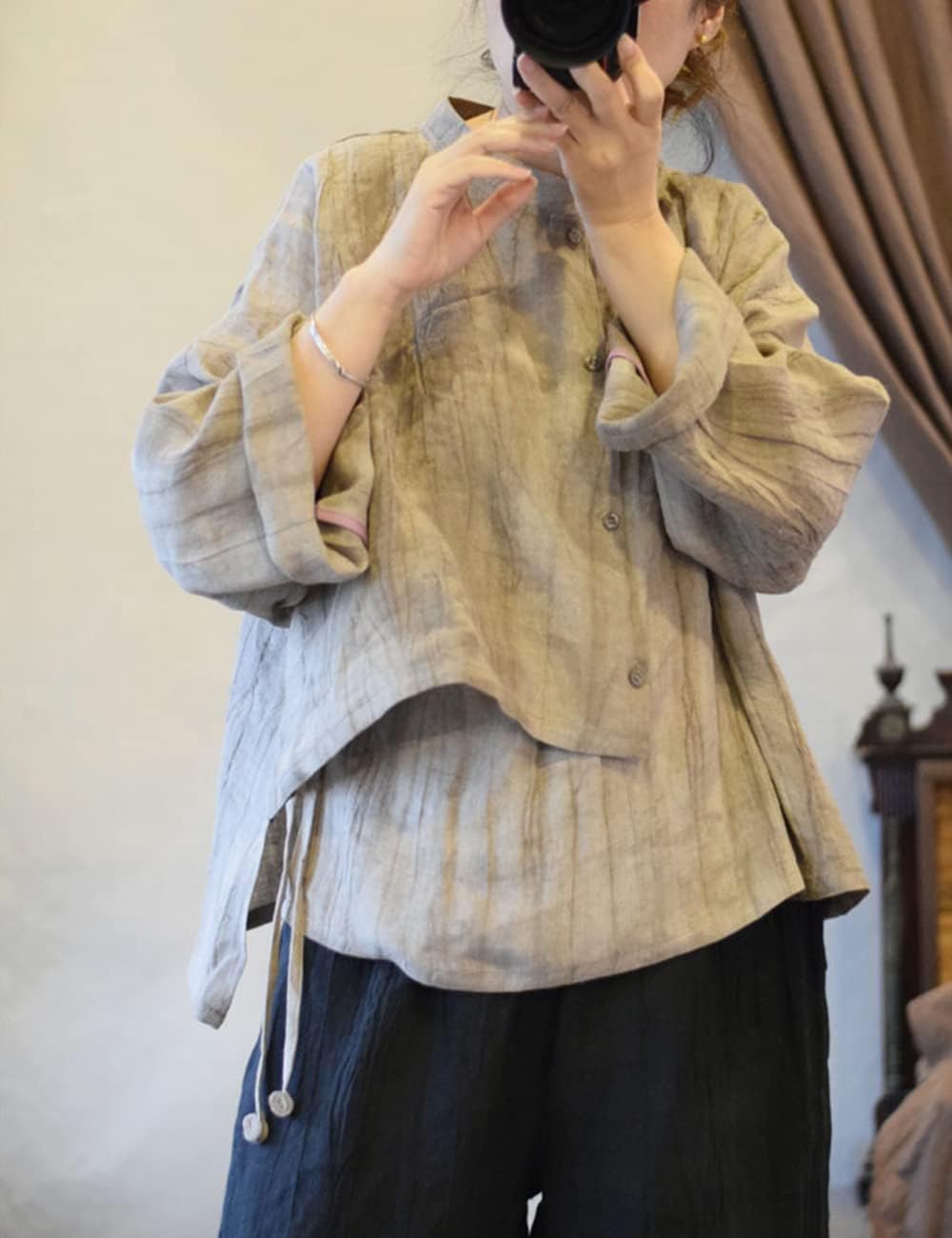 NFYM Women's Linen Asymmetrical Shirt Top Irregular Hem Tie Retro Stand Collar Button Blouse Shirts - Image 6