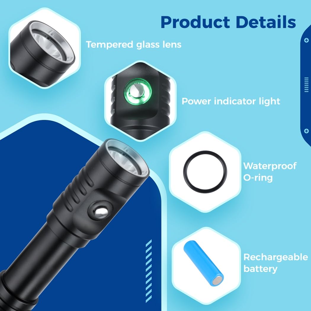 Torcia subacquea AP01 1050lm con indicatore di alimentazione, torcia impermeabile IPX8, torcia portatile per immersioni, campeggio, escursionismo, nero
