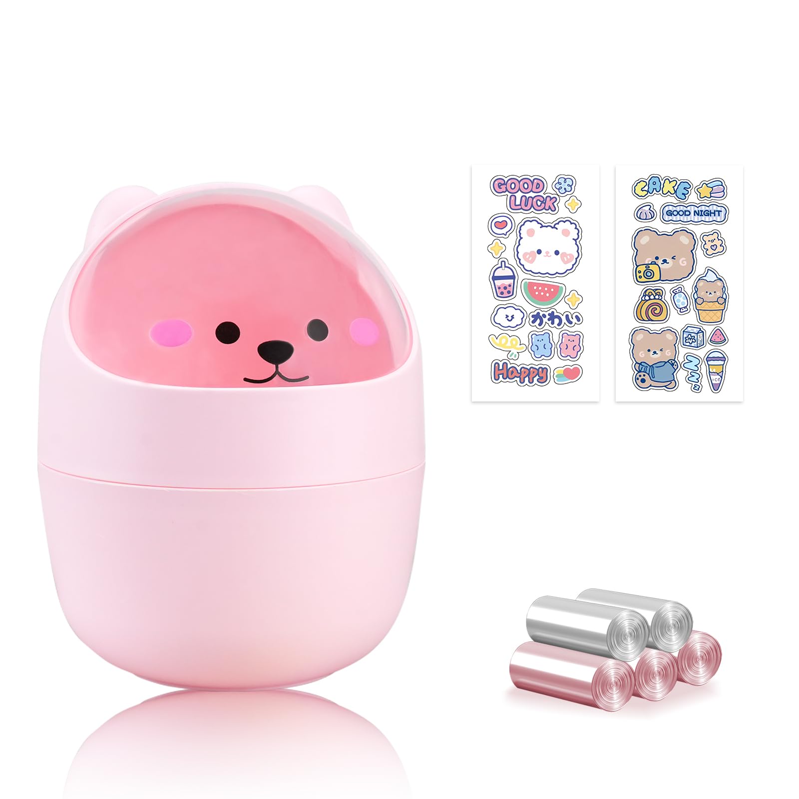 QLFJ-FurDec Cute Desktop Tiny Trash Can with Flip Lid, Creative Kawaii Bear Mini Wastebasket, Portable Countertop Dustbin for Office Kitchen Vanity Tabletop Bedroom (Pink)