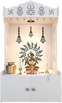 White Wooden Temple for Home with Spacious Shelf Inbuilt Focus Light White Big Temple (Size-18D*22.5W*38H inch)