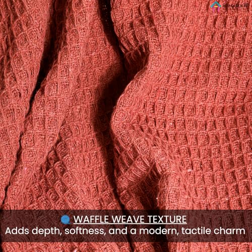 Image of HOMADORN Waffle Weave Cotton Throw Blanket - Lightweight, Breathable & Cozy for Sofa or Bed (100% Cotton)(50X60 Inches) Rust
