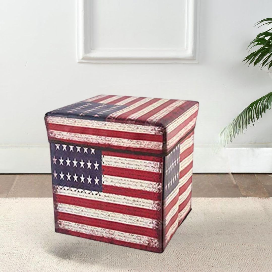 STORIA Foldable Storage Ottoman Footrest Toy Box Coffee Table Stool Cum Sitting Stool Basket Cubes Organizer Storage Stool Folding Seating Stool for Living Room (USA Flag Design, 30 * 30 * 30 cm)-image-28