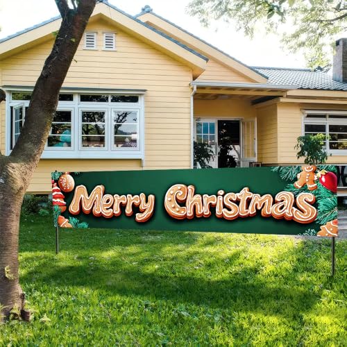 Image of Gingerbread Letter Christmas Banner 78.7 x 17.7 Inch Cookie Text with Christmas Tree Ornament and Snowflake Design Festive Holiday Decoration for Yard Fence Garden or Indoor Wall Display