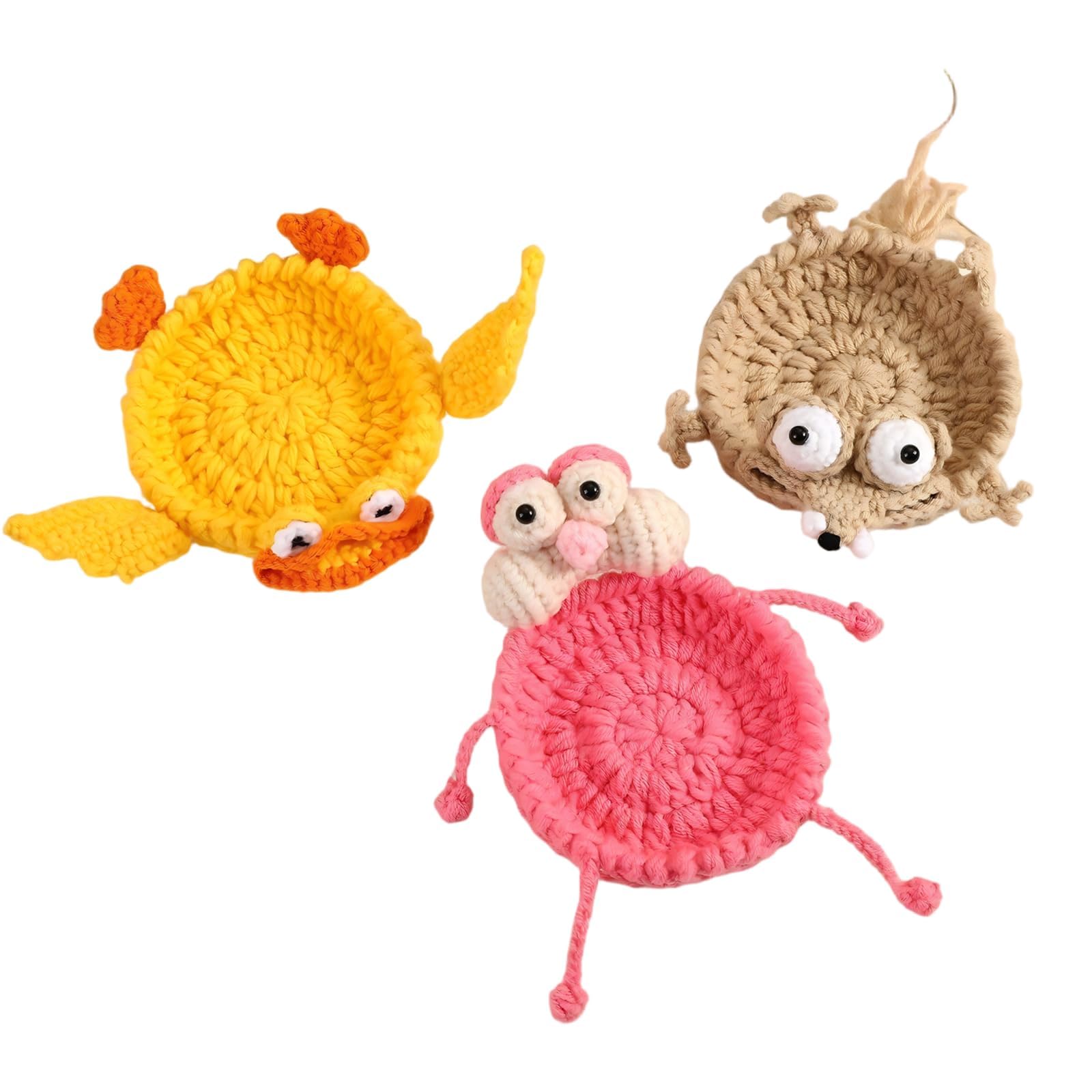 Funny Crochet Coaster, 3D Handmade Drink Coasters, Animal Cup Coasters for Coffee Table Desk Decor, Coffee Table Decor for Animal Lovers Cups Tabletop Protection (3Pcs)