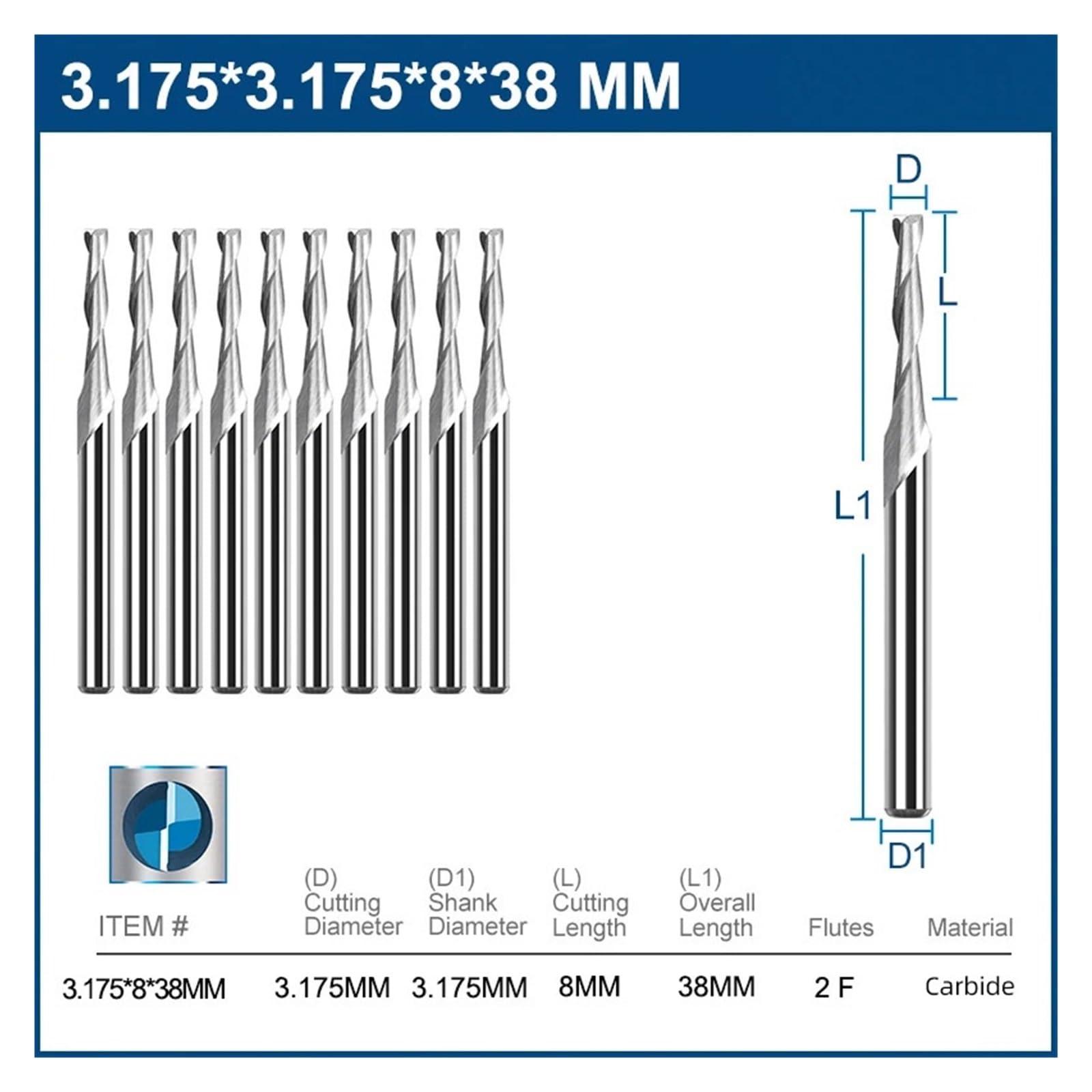 10 Stück 3,175 mm (1/8 Zoll) 2-Flöten-Flachfräser-Up-Cut-Fräser