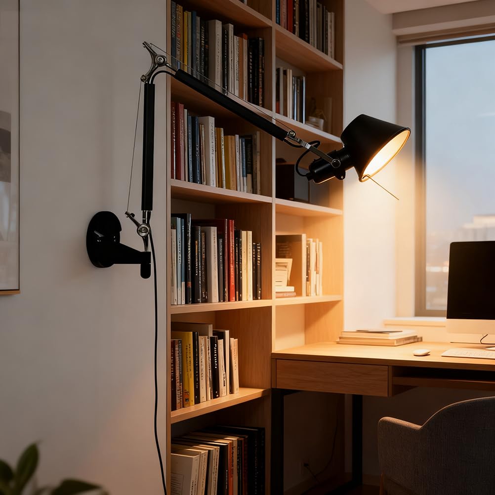 AoLa Wandleuchte Verstellbar Vintage Schwenkbar Wandlampe mit Schalter und Stecker Innen E27 Lange Arm Wand Leselampe Drehbar Schwarz Nachttischlampe mit 1.5M Kabel, für Schlafzimmer Wohnzimmer,36CM