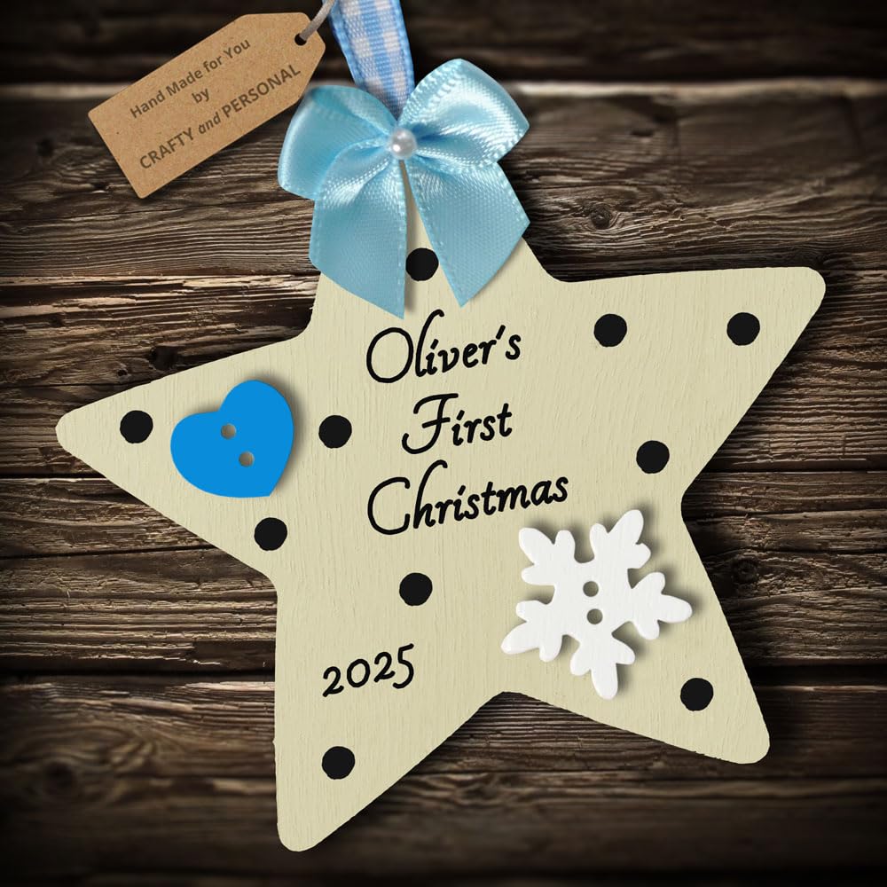Multi-Colour Personalised Baby's First 1st Christmas Bauble Star tree decoration gift wooden hanging ornament keepsake for boy or girl (Ivory #3)