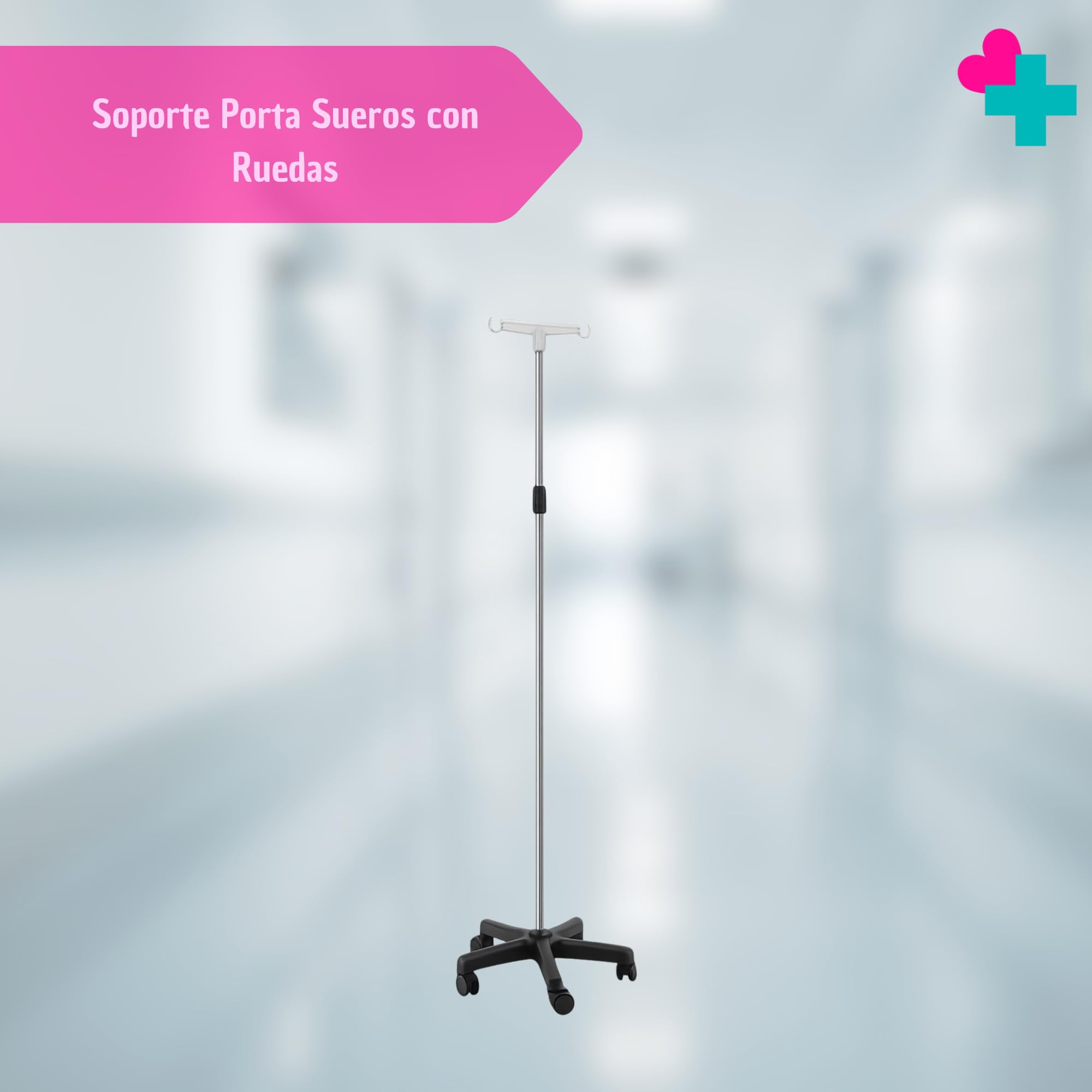Soporte Porta Sueros con Ruedas y Altura Regulable 135-240 cm | Porta Gotero de Aluminio Anodizado con 2 Ganchos | Pie de Suero Médico para Hospital, Clínica, Residencia y Hogar