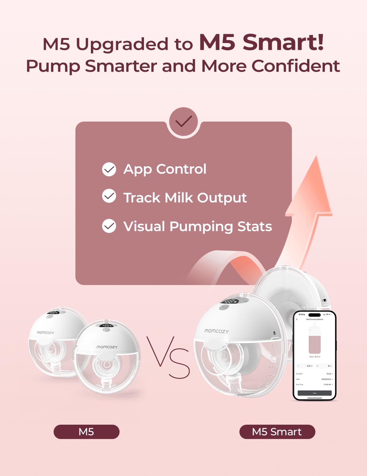Momcozy M5 Smart APP Controlled Wearable Breast Pump, Hands-Free Wireless Electric Pump, 3 Modes 9 Suction Levels, BPA-Free, Portable Lightweight, 24mm Flange, 2-Pack Quill Gray