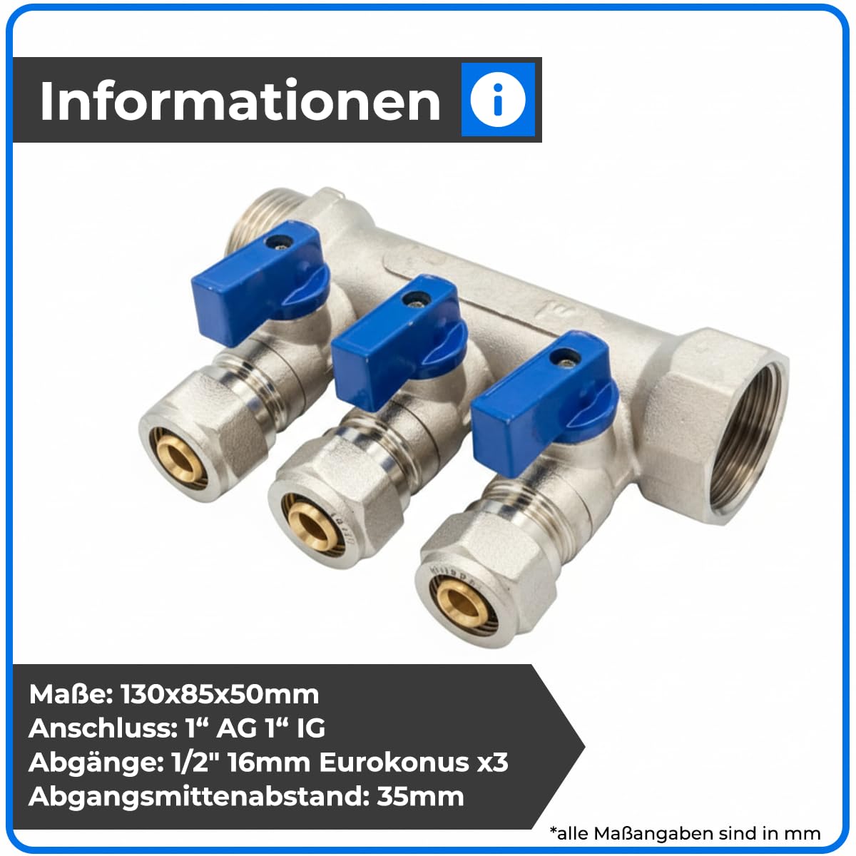 Belrad Heizkreisverteiler 4 Abgänge Kugelhahn blau 1" AG 1" IG 1/2" 16 mm Eurokonus vernickeltes Messing Einzelabsperrung