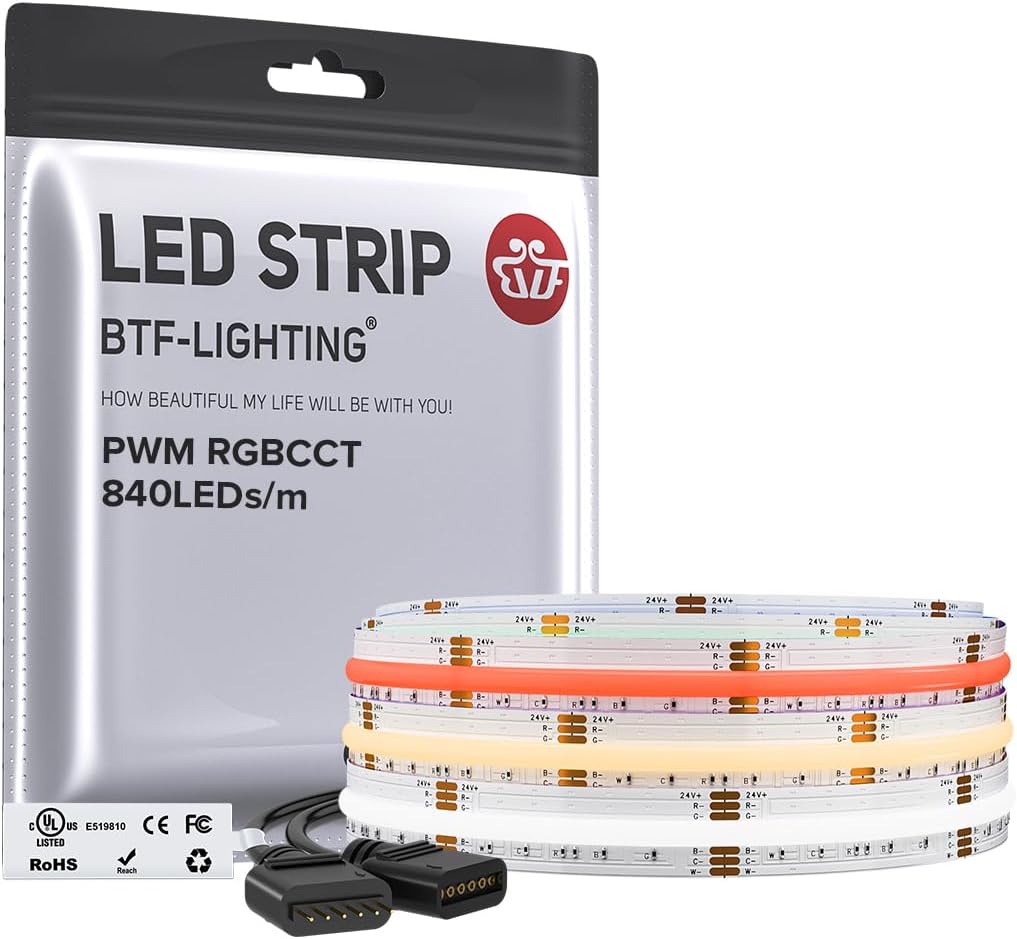 BTF-LIGHTING FCOB COB RGBCCT Color Changing LED Strip,UL Listed 840LED/m High Density 9.8FT RGB+Tunable White 3000K-6000K DC24V 12mm Width Flexible Light for Home Decor(No Adapter or Controller)