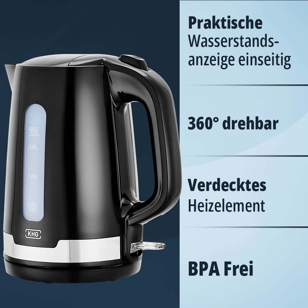 KHG Wasserkocher und Toaster Set 2-teilig 2200 850 Watt 1,7 Liter 2 Scheiben Toast Küchenset Schwarz