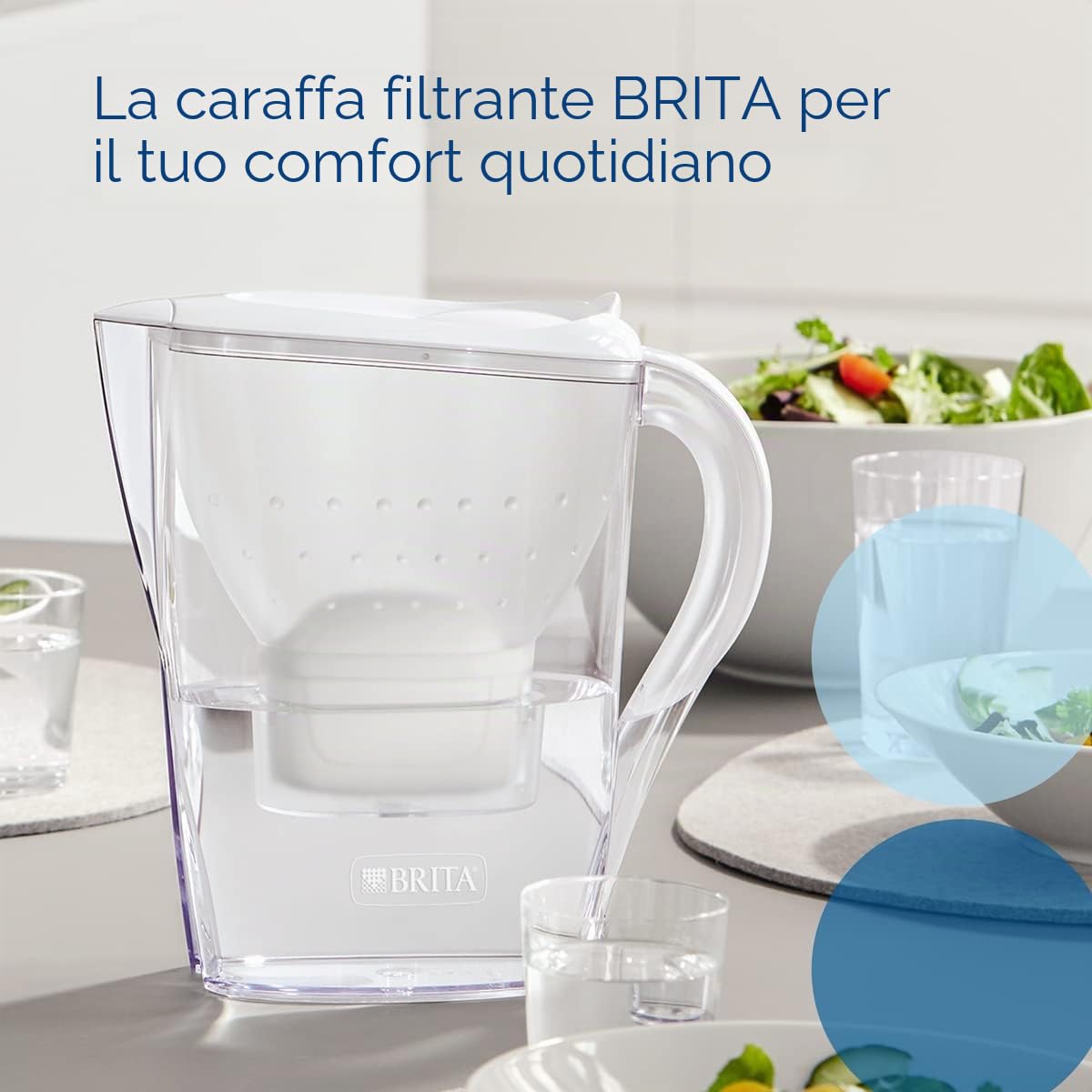 BRITA Caraffa filtrante Marella bianca (2.4L) incl. 3 x filtri MAXTRA PRO All-in-1 che riduce cloro, calcare e PFAS - Adatta al frigo, Memo digitale e riempimento comodo - in confezione sostenibile