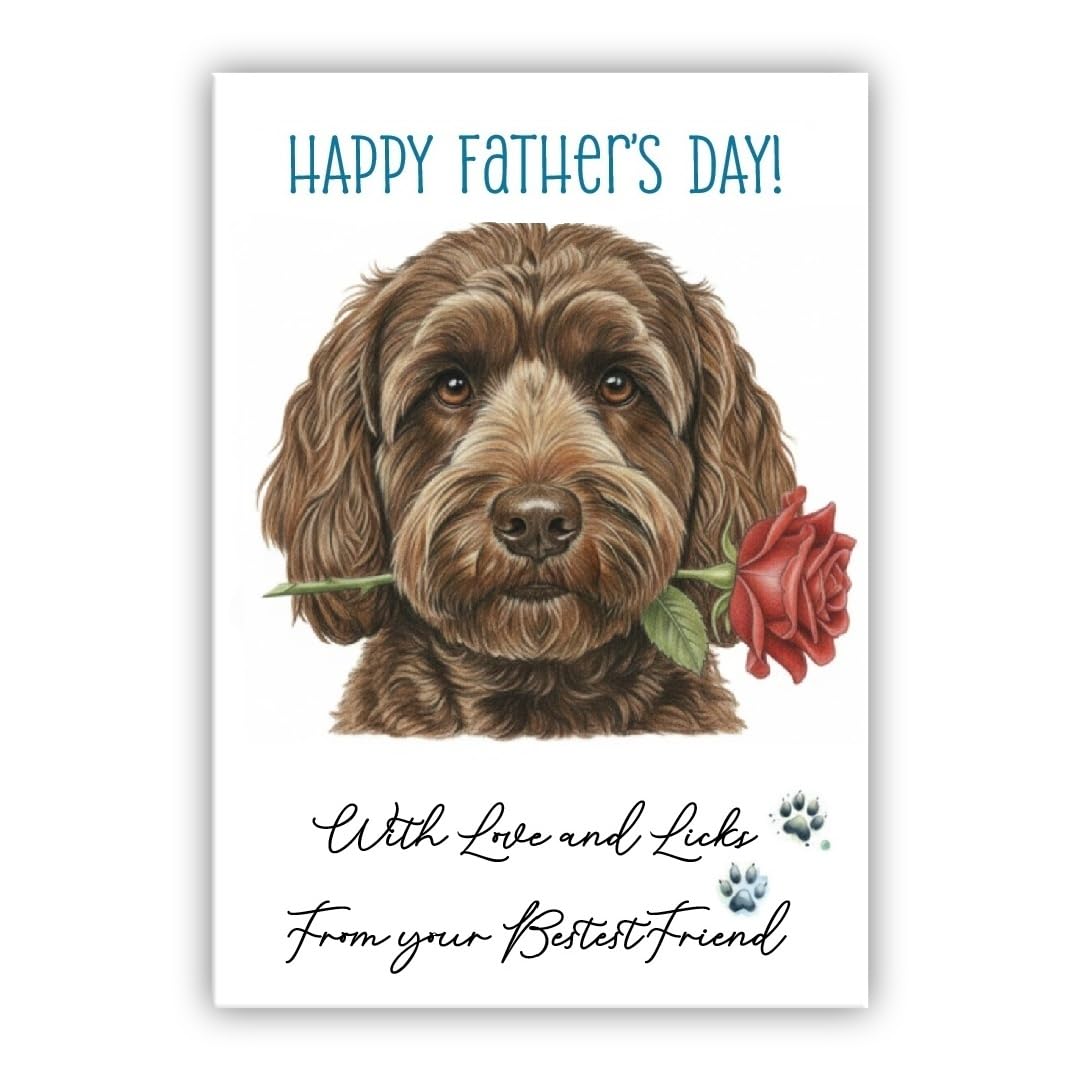 Father’s Day Card From the Dog – Cute Fathers Day Pet Card – “With Love and Licks” – Multiple Breeds Available (• Cavapoo brown– Cavoodle) — image 1