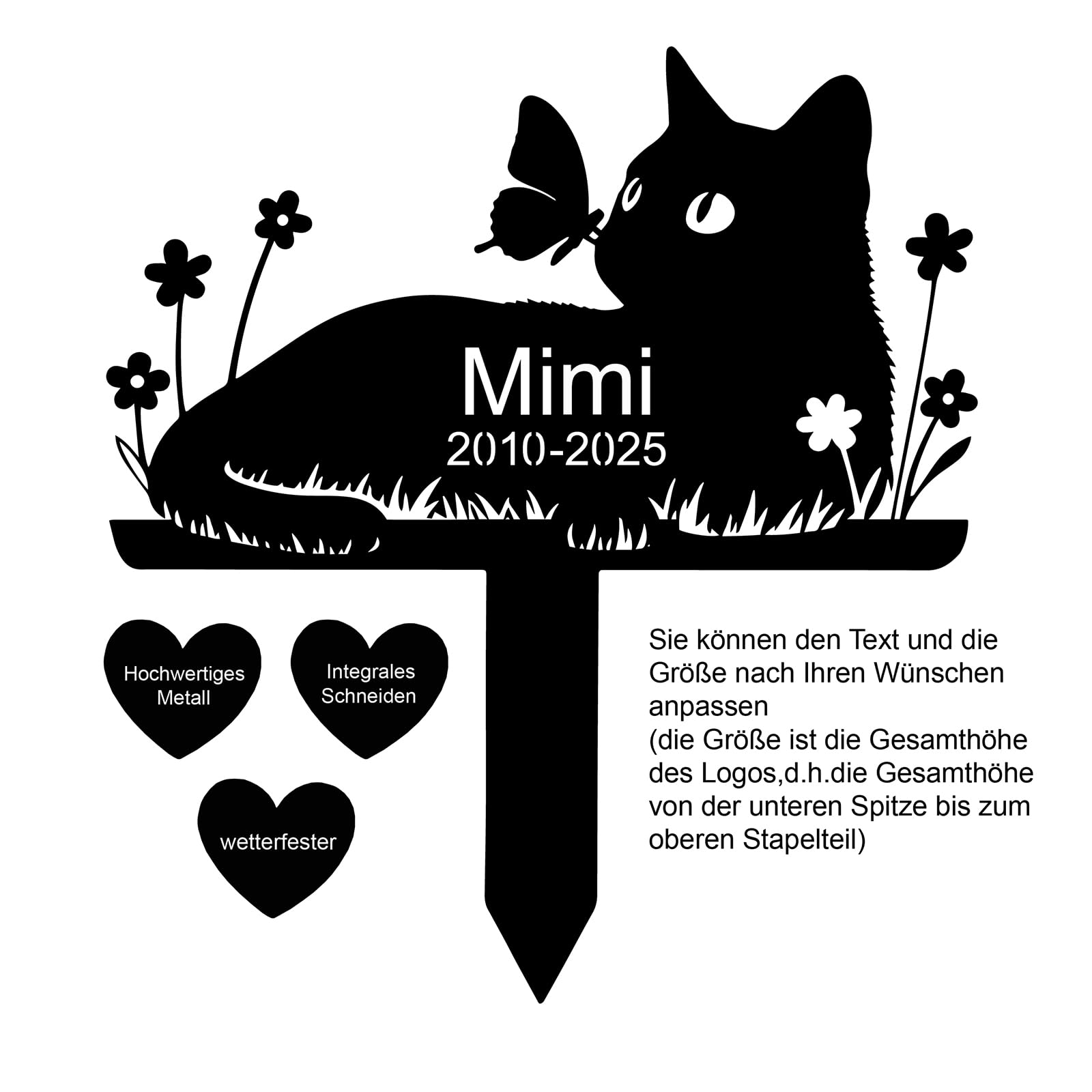 Grabstein Katze für Draußen,grabschmuck Katze wetterfest,gartenstecker,gedenktafel,Edelstahl grabstecker personalisiert (katzen-01)