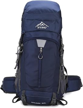 Hiking Backpack 60L Nylon Rucksack for Men Women Waterproof Travel Backpacks Outdoor Camping Bag with Rain Cover (Dark Blue)