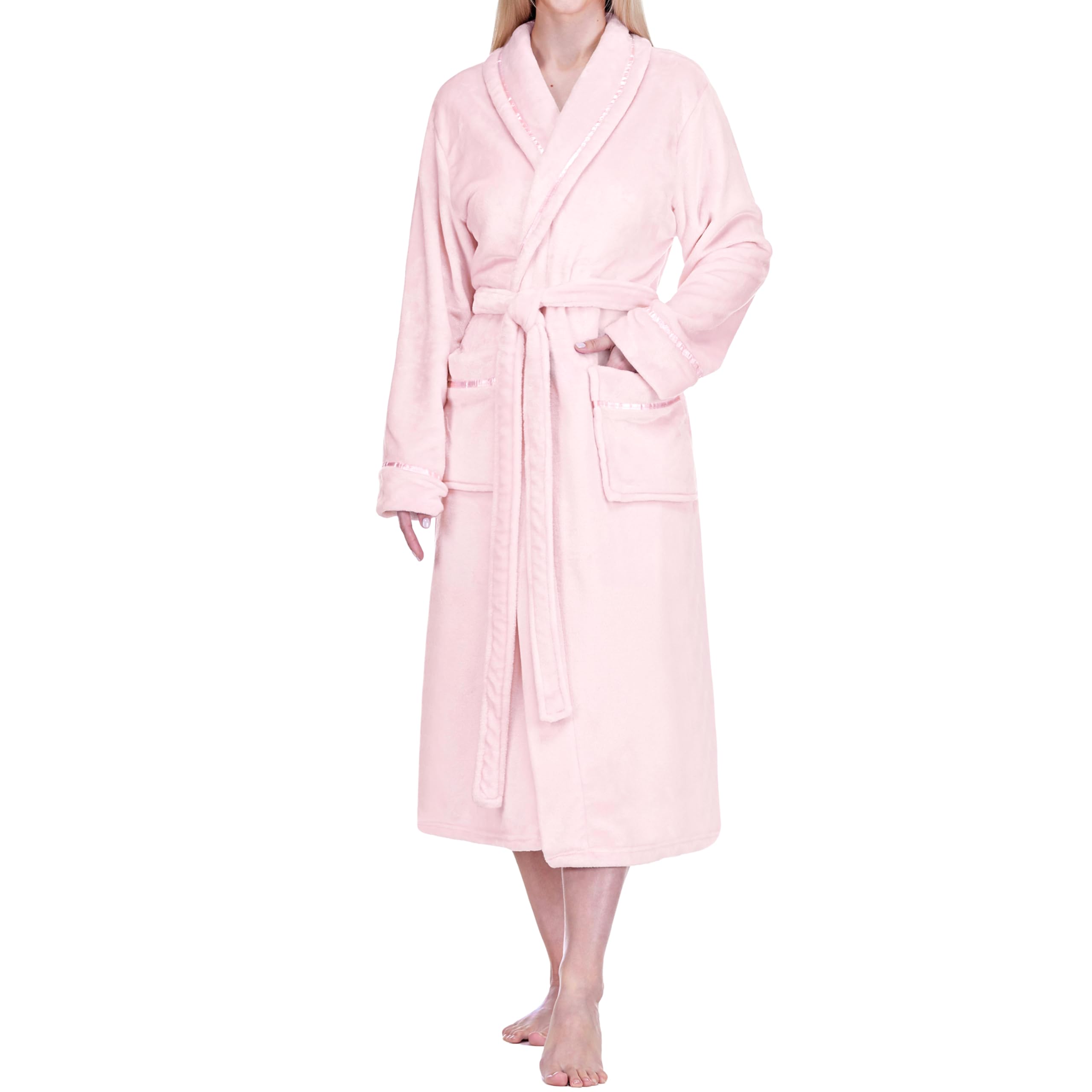 PAVILIA Womens Fleece Robe with Satin Trim, Plush Soft Long Spa Bathrobe, Cozy Shawl Collar Housecoat with Pockets