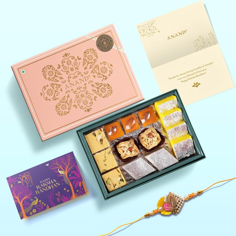 Image of Anand Royal Assorted Sweets Festive Gift Pack 375g with Rakhi & Greeting Card Combo | Traditional Indian Festival Gift Hamper | Healthy Mithai Box for Rakhi | Gift for Brother, Family & Friends