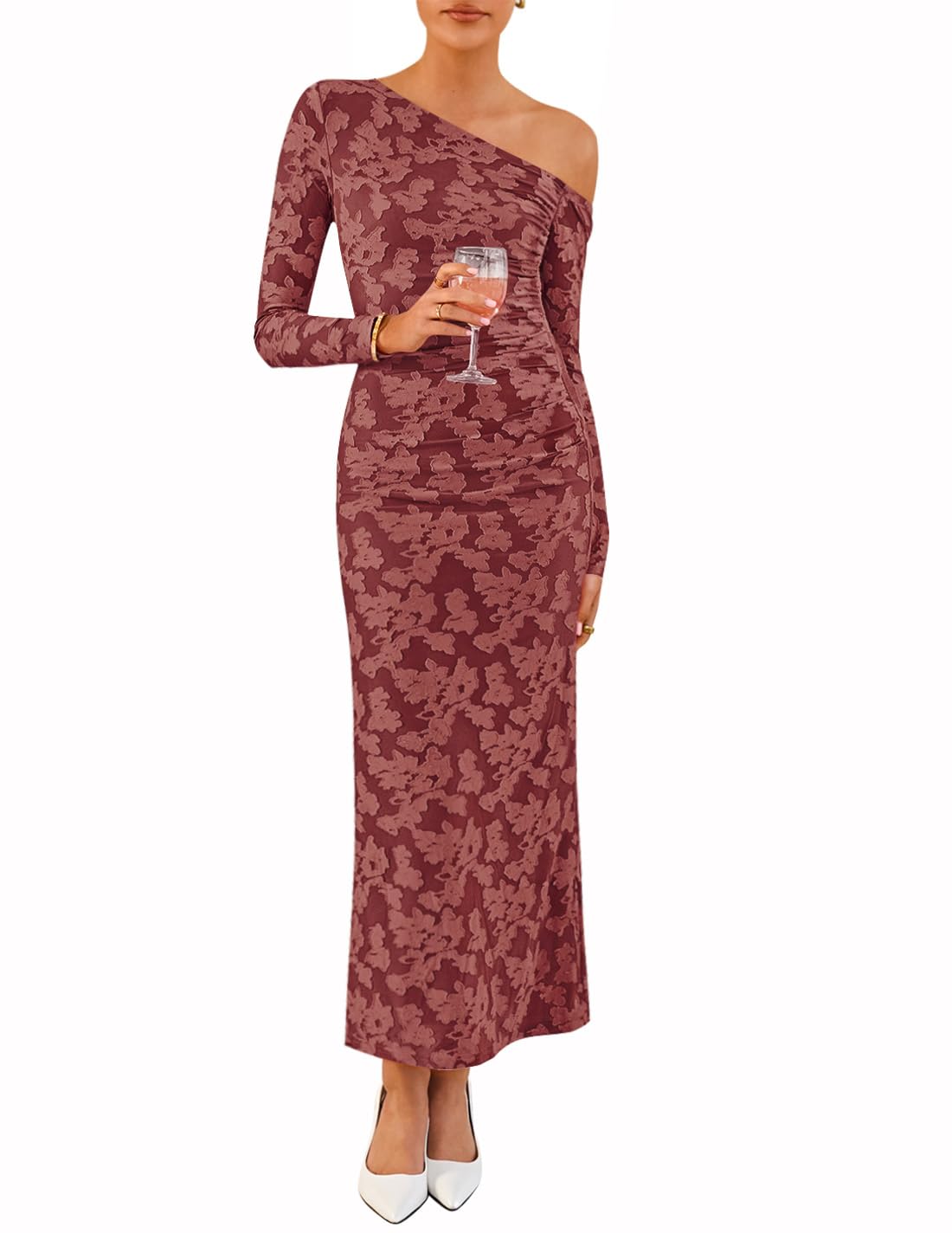 ZESICA Womens Fall Floral Off Shoulder Bodycon Maxi Dresses 2026 Long Sleeve Ruched Elegant Cocktail Party Dress
