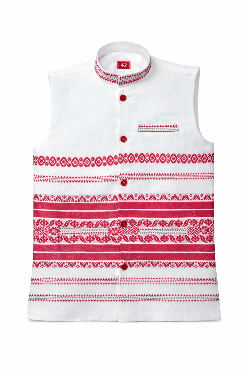 Generic White Ethnic Nehru Jacket with Red Embroidery - Image 1