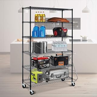 NSF Heavy Duty Wire Shelving Unit 6-Shelf Storage Shelves Height Adjustable Metal Shelf with Wheels Utility Steel Commercial Grade Large Storage Rack for Kitchen Garage Office (48"x18"x76", Black)